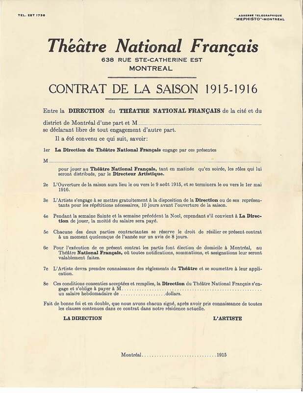  Canevas de contrat d'acteur, saison 1915-1916