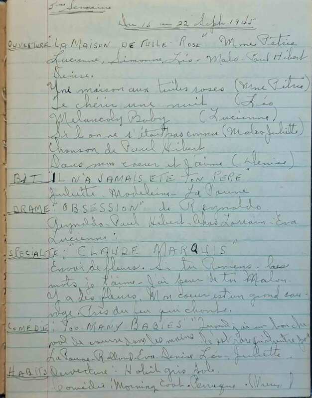 Cahier manuscrit des programmations du Théâtre National, saison 1945-1946 - Page 1